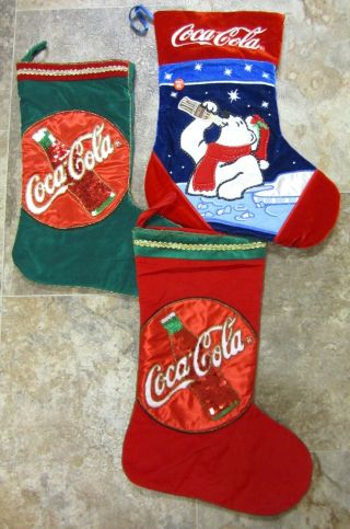 3 Large Coca Cola Christmas Stocking Satin & Velvet One Is Lighted Euc