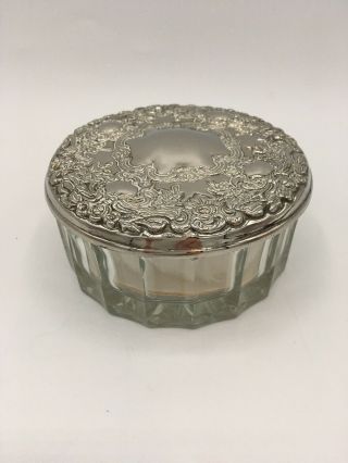Ornate Vintage Silverplate And Glass Powder Jar With Mirror And Powder Puff
