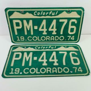 Pair 1974 Vintage Colorado Usa License Plate Pm - 4476 Green And White