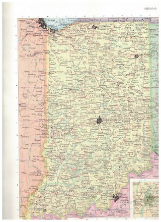 1965 Map Of Indiana - Map Of Iowa On Back - Railroads Shown In Red