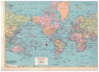 1954 Map Of The World - Steamship And Air Distances Shown In Red