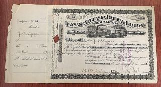 1876 Kansas And Nebraska Railway Company Stock Certificate W/ Stub - Rare