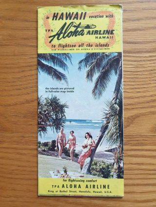 Hawaii Aloha Airline 1950s Tourist Brochure With Colour Pictorial Route Map