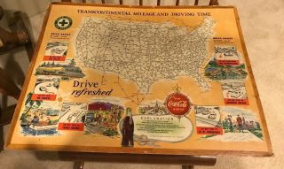 1953 United States Map Coca Cola Milage Driving Time Cardboard Sign 24 X 18