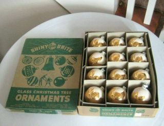 Vintage Box Of Shiny Brite Gold Mica Snow Cap Mercury Glass Ornaments