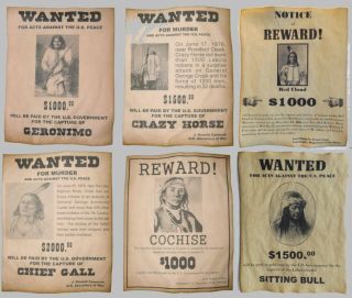 Set Of 6 Indian Wanted Posters Geronimo Cochise Crazy Horse Gall Sitting Bull