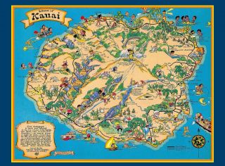 Hawaii Hawaiian Kauai Map United States America Travel Advertisement Poster