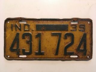 1939 Indiana Duplicate License Plate Only One I 
