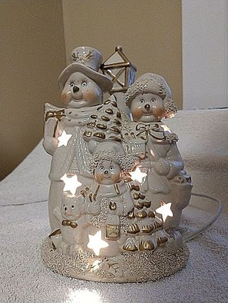 Vintage Ceramic Snowman Family Electric Night Light Christmas 9 " Tall