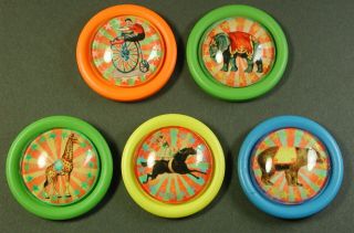 Glass Dome Buttons - Set Of 5 In Wood - Vintage Circus Scene Images - 1 & 1/2 "