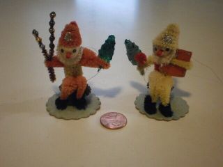 2 Vtg Chenille Pine Cone Christmas Pixie Elf Dwarf Gnome Foil Mica Japan Putz