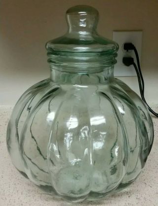 Large Green Glass Pumpkin Shape Apothecary Jar With Glass Lid 15 " Tall W/ Lid