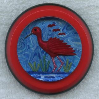 Scarlet Ibis Bird Reverse Hand Carved Lucite Studio Button Size 2 1/8 " Retro