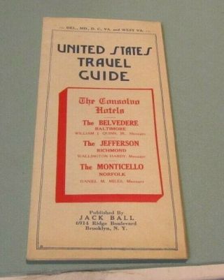 1930 Jack Ball United States Travel Guide & Clason Map Delaware Maryland Wv Virg