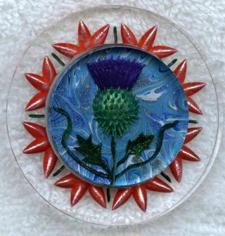 Thistle Flower Reverse Hand Carved Lucite Studio Button Size 2 1/4 " Retro