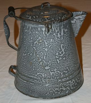 Vintage 2 - Gallon Gray Graniteware Cowboy Coffee Pot With Wooden Handle