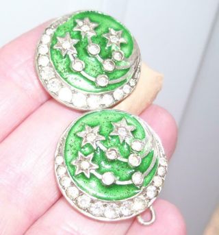 Rare Pair Antique Victorian Silver Enamel Shooting Star Diamond Paste Buttons