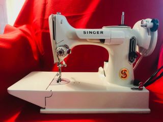 Singer White 221k Featherweight Sewing Machine - Case - Attachments - Key -