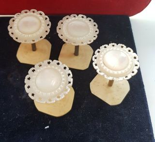 Four Antique Mother Of Pearl Reel Holders Square Bases 19thc