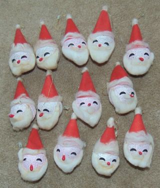 13 Vintage Japan Christmas Santa Face Head Ornaments Spun Cotton Glitter 5 "