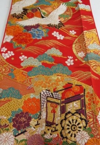 Ki09z140 Japanese Kimono Silk Uchikake Fabric Red,  Gold 38.  6 "