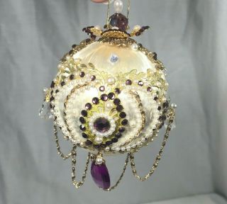Vintage 60s/70s Satin Purple Gold Pearl Beaded Christmas Ornament Ball