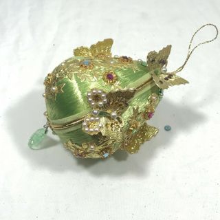 Vintage 60s/70s Satin Green Gold Butterfly Pearl Beaded Christmas Ornament Ball