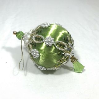 Vintage 60s/70s Satin Light Green Pearl Beaded Sequins Christmas Ornament Ball