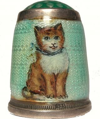 German Lt.  Green Guilloche Enamel & Sterling Thimble With Hand Painted Cat