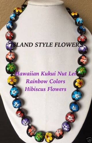 Kukui Nut Lei Multicolored Hibiscus Flower Necklace Hawaiian Graduation Wedding