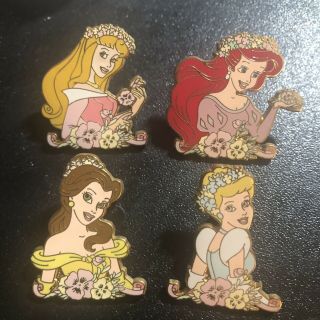 Disney Ds - Princesses With Flowers 4 Pin Set Ariel Belle Aurora Cinderella Rare