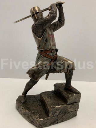 Knights Templar On Stairs Slashing With Two Handed Sword Statue Sculpture