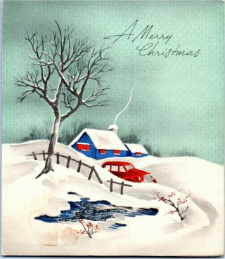 Old Fashioned Car Art Deco Home House Fence Foil Vtg Christmas Greeting Card