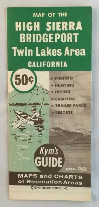 Vintage 1975 Map Of The High Sierra Bridgeport Twin Lakes California Fishing,