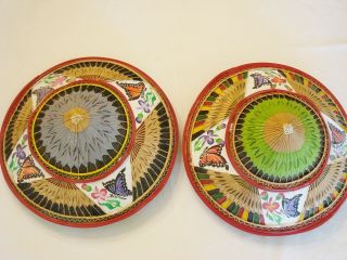 Vintage Conical,  Asian Art Rice Straw Bamboo Coolie Hats Set Of 2 Hand Painted
