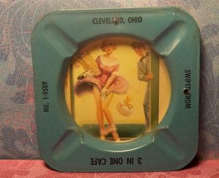 Vintage Pin Up Girl Advertising Tin Litho Ashtray Cleveland,  Ohio 3 In One Cafe