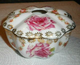 Vintage Porcelain Hair Receiver - Pink Roses And Rose Trellis