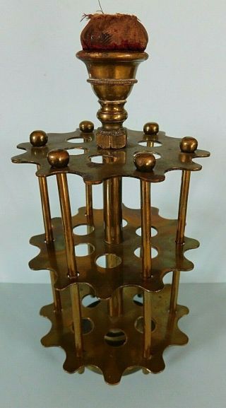 Antique Brass Sewing Cotton Reel Holder With Pin Cushion,  7 Inches / 18 Cm Tall
