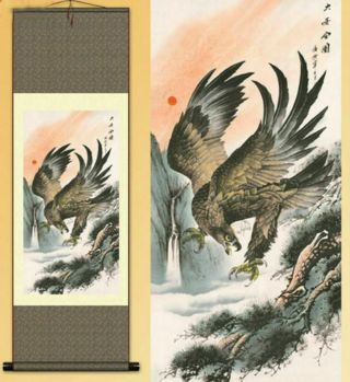 Chinese Silk Scroll Painting Gongbi Sumi - E Hawk Eagle Portraits Home Decoration