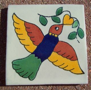 10 Talavera Mexican Pottery Tile 4 " X 4 " Song Bird Colorful Hearts Leaves Wings