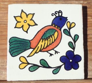 10 Talavera Mexican Pottery Tile 4 " X 4 " Song Bird Partridge Wings Flowers Blue