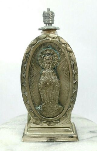 Vintage Antique Glass Holy Water Bottle W/ Silver Metal Stand Catholic Religious