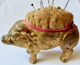Vintage Gold Plated Boar Velvet Pin Cushion