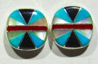Vintage Signed Zuni 925 Silver Inlay Mother Pearl Turquoise Coral Post Earrings