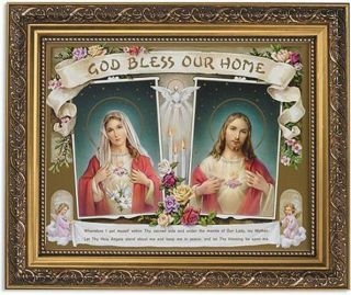 Gold Tone Sacred Hearts God Bless Our Home Frame House Blessing Print,  13 Inch