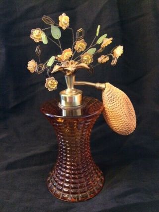 Unique Vintage Art Deco Amber Glass Perfume Atomizer Bottle