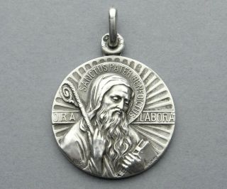 French,  Antique Religious Silver Pendant.  Saint Benedict Of Nursia Benoit.  Medal