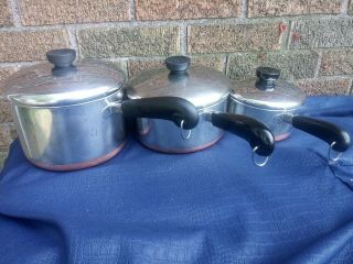 3 Vintage Revere Ware Sauce Pans 1,  2,  & 3 Qt Copper Bottom Clinton Usa