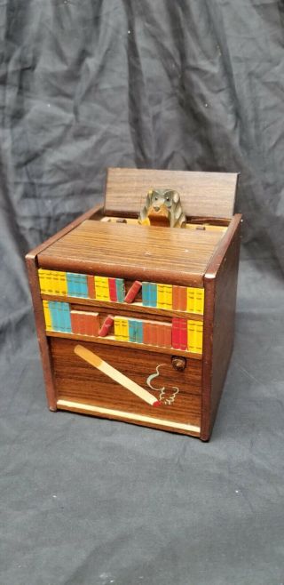 Vtg Cigarette Dispenser Box Wood Book Case Dog Wind Up Music Musical