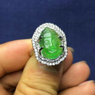 Chinese 925 Silver & Green Jadeite Jade Handwork Buddha Head Amulet No.  7 - 12 Ring